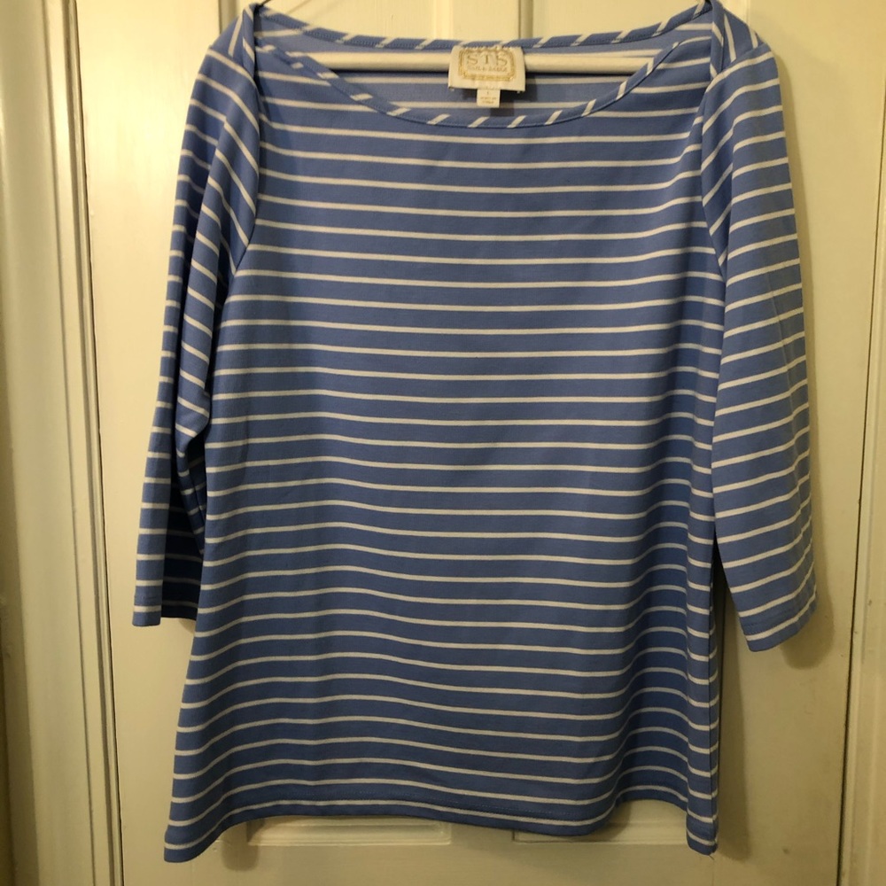 Sail To Sable Blue and White Striped Top. Large